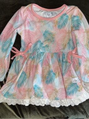 Love & Grow Pastel Palm Print Long Sleeve Dress - Pink, Teal, Gold- DRESS ONLY